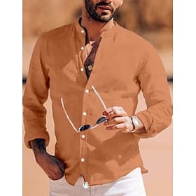 Homme Chemise en coton et lin Chemise à col chinois Chemise à col mao Uni Vacances Plage Blanche Bleu manche longue Col grand-père Printemps Été Vêtement Tenu