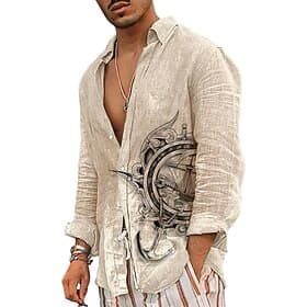 Men's Nautical Vintage Totem Shirt Button Up Shirt Long Sleeve Fashion Streetwear Designer Outdoor Casual Daily Summer Spring Fall Turndown Print Green Khaki G