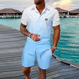 Men's Gradient Coconut Tree Tropical Plants 2pcs Shirts Sets Summer Hawaiian Shirt Short Sleeve Short Pants Turndown Fashion Streetwear Designer Outdoor Street