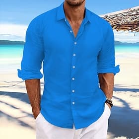 Men's Linen Shirt Summer Shirt Beach Wear Casual Shirt Button Up Shirt Plain Vacation Casual Light Yellow White Pink Dark Navy Long Sleeve Spring Summer Cloth