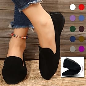 Mocasines de gamuza plegables sin cordones para mujer con diseño festoneado: zapatos planos livianos y cómodos para uso diario