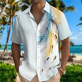 Homme Chemise Chemise Lin Chemise hawaïenne Chemise ethnique Plume Extérieur Vacances Jaune Bleu Manches courtes Col rabattu Eté Printemps Vêtement Tenue Impri