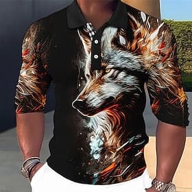 Men's Wolf Polo Shirts Golf Shirt Long Sleeve Polo Shirts Collared Shirts Casual Funny Vacation Wear Party Outfits 3D Print Buttons Fall Winter Red Blue Green