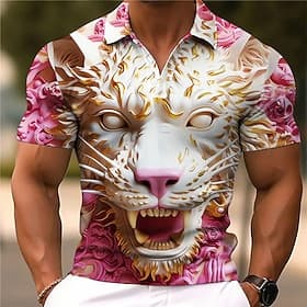 Men's Polo Shirts Golf Shirt Short Sleeve Polo Shirts Collared Shirts Casual Funny Vacation Wear Party Outfits Buttons 3D Print Spring Fall White Pink Purple