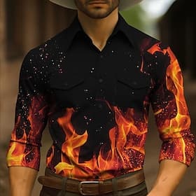 Voor heren Vlam Westers overhemd Overhemd met knopen Cowboyshirt Lange mouw Vintage Westers Dagelijks Herfst winter Strijkijzer Overhemden met kraag 3D-afdrukk