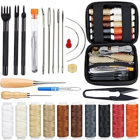 Leather Repair Sewing Kits, Leather Working Tools with Pro Waxed Thread, Large Eye Hand Sewing Needles, Versatile Awl, Heavy Duty Sewing Kit for Car, Upholster