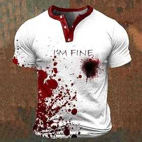 Men's T-Shirt, 'I'm Fine' Humorous Splatter Paint Graphic Short Sleeve Henley Tee for Lifestyle
