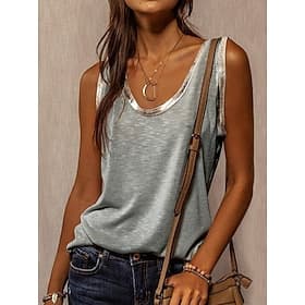 Débardeur en camisole pour femmes Simple Mode Sans manches Col en U Hauts réguliers Décontracté Jour de la Saint-Valentin Argent Rose Beige Été