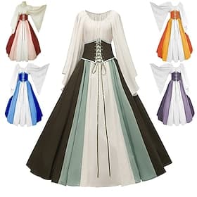 Retro Antiguo Medieval Renacimiento Vestidos Camisa de señora Vestirse con demasiada elegancia dama Vikingo élfico Bloque de color Disfraz Mujer Celta Fantasía