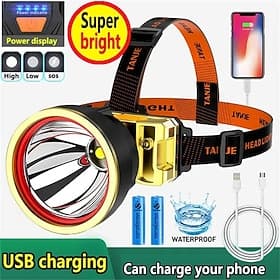 LED-Scheinwerfer, superhelle, über USB wiederaufladbare Grubenlampe, leistungsstarke, blendende Taschenlampe, am Kopf montierte Feld-Angellampe, Super-Kapazitä