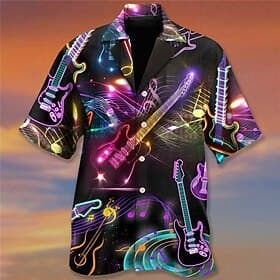 Herren Boardmasters Musikinstrument Hemd Sommer Hawaiihemd Knopfhemd Kurzarm Designer Strand Ferien Frühling Sommer Umlegekragen 3D Druck Blau Schwarz Dunkelg