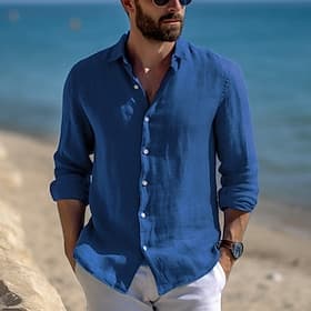 Men's Shirt Linen Shirt Summer Shirt Beach Wear Casual Shirt Button Up Shirt Plain Vacation Casual Black White Pink Blue Long Sleeve Lapel Spring Summer Cloth