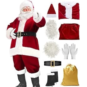 Santa Suit Christmas Santa Claus Costume for Men's Adults Cosplay Costume 9PCS Outfit