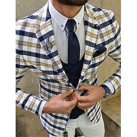 Homens Blazer Noite Formal Festa de Casamento Festa de aniversário Moda Casual Primavera Outono Poliéster Xadrez Geometria Bolsos Casual / Diário Não Trespass