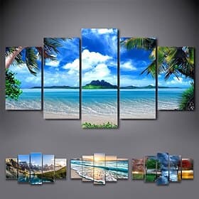 5 Panels Landscape Prints Posters/Picture Beach Blue Sea Sunset Modern Wall Art Wall Hanging Gift Home Decoration Rolled Canvas No Frame Unframed Unstretched