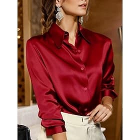 Women's Shirt Elegant Dressy Satin Top Buttons Solid Color Plain Business Basic Mature Long Sleeve Shirt Collar Regular Tops Casual Daily Work White Yellow Lig