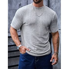 Herren T Shirt Strick-T-Shirt T-Shirt Kurze Ärmel Rundhalsausschnitt Sommer Einfach Grubenstreifen Mode Designer Basic Gestrickt Urlaub Straße Ausgehen Grau To