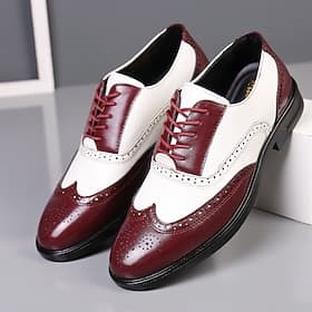 Chaussures richelieu à bout golf blanches et bordeaux pour hommes, chaussures habillées en cuir brillant inspirées de Gatsby pour soirée jazz des années 1920,