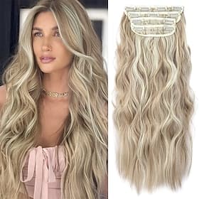 Extensions synthétiques Clips Cheveux Synthétiques Longue Extension des cheveux A Clipser 4 pièces Doux Résistant à la chaleur Duveteux Femme