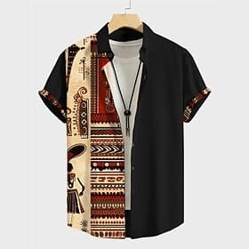 Herren Stammes Ethnisch Bandana-Druck Hemd Knopfhemd Kurzarm Vintage Stamm Outdoor Strasse Casual Herbst Umlegekragen Knopf Bedruckt Schwarz Blau Braun