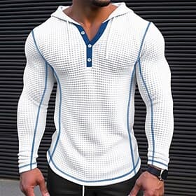 Herren T Shirt Waffel-Henley-Hemd Henley Hemd T-Shirt Langarm Henley Frühling Herbst Einfach Mode Designer Basic Patchwork Mit Kapuze Urlaub Straße Ausgehen W