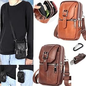 Sac à bandoulière multifonctionnel en cuir véritable pour homme, sac à main pour téléphone portable, étui pour téléphone, ceinture en cuir, pochette de taille,