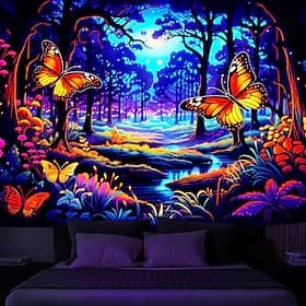 Schwarzlicht-Wandteppich, UV-reaktiv, im Dunkeln leuchtend, Glow Party, Neon-Schmetterlinge, Wald, trippiger, nebliger Wandteppich, Wandbild für Wohnzimmer, Sc