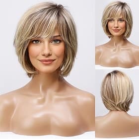 Kurze blonde Ombre-Perücke für Frauen, handgebundene Echthaarperücke mit Spitzenfront, geschichtete Bob-Perücke mit Pony, blonde gemischte braune Naturperücke