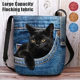 joli sac à bandoulière en denim imprimé chat noir – sac à bandoulière décontracté pour femme avec bandoulière réglable