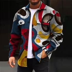 Men's Ombre Color Block Geometric Pattern Shirt Shirt Jacket Overshirt Long Sleeve Casual Outdoor Street Casual Daily Fall Winter Turndown Buttons Pocket Prin