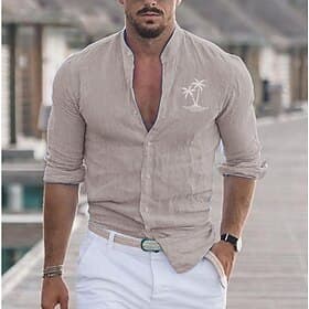 Herren Hemd Strandhemd Kokospalme Outdoor Urlaub Weiß Rosa Blau Grau Langarm Stehkragen Frühling Herbst Bekleidung Druck