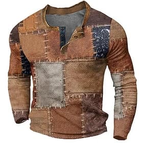 Men's Graphic Color Block Patchwork Henley Shirt Waffle T Shirt Long Sleeve 3D Print Fashion Designer Casual Sports Outdoor Holiday Festival Spring Fall Blue