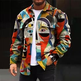 Men's Abstract Shirt Shirt Jacket Overshirt Long Sleeve Artistic Abstract Outdoor Street Casual Daily Fall Winter Turndown Buttons Pocket Print Red Green