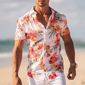 Men's Floral Shirt Short Sleeve Casual Outdoor Street Casual Daily Fall Turndown Buttons Print Pink