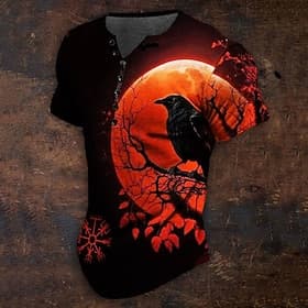 Men's Graphic Crow Viking T Shirt Henley Shirt Short Sleeve 3D Print Daily Classic Retro Vintage Sports Outdoor Holiday Going out Spring Fall Blue Yellow Red