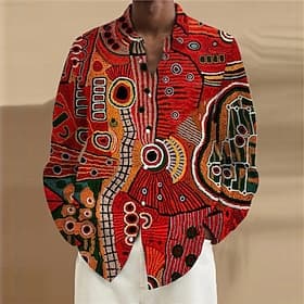 Men's Ethnic Shirt Long Sleeve Vintage Tribal Daily Wear Going out Fall Winter Turndown Print Button-Down Blue Burgundy Brown