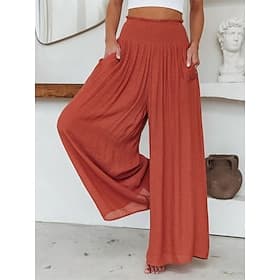 Women's Wide Leg Pants Trousers Vacation Simple Casual Full Length High Waist Plain Pocket Elastic Waist High Cut Comfort Breathability Soft Micro-elastic Dail