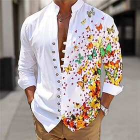 Men's Butterfly Shirt Linen Shirt Long Sleeve Casual Daily Wear Going out Weekend Spring Standing Collar Print Button-Down Blue Purple Orange