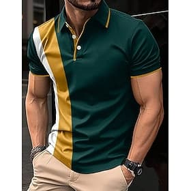 Men's Polo Shirts Button Up Polos Casual Sports Lapel Short Sleeve Fashion Basic Color Block Patchwork Summer Regular Fit Navy Blue Polo Shirts