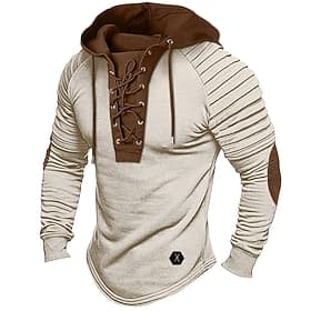 Men's T Shirt Tee Top Long Sleeve Shirt Shirts With Elbow Patches Long Sleeve Hooded Spring Fall Color Block Slim Pleated Fashion Designer Basic Lace up Patc