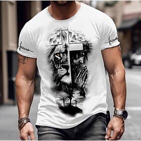 Herren Kreuzritter Löwenkreuz Glauben Kurzarm T-Shirt 3D Druck Rundhals Shirt täglich Outdoor Lässige Party Freizeit Feiertag Weiß Sommer Bekleidung Normal
