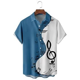 Homme Notes de Musique Chemise Chemise Boutonnée Manche Courte Occasionnel Tenue quotidienne Sortir Week-end Automne Col Rabattu Imprimé Boutonné Bleu Noir Rou