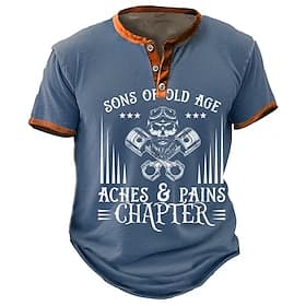 Mens Henley Graphic T-Shirt Short Sleeve Funny Old Age Aches Pains Chapter Biker Skull