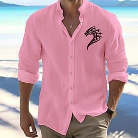 Men's Shirt Beach Shirt Button Up Shirt Viking Outdoor Vacation White Pink Light Grey Long Sleeve Standing Collar Spring Fall Clothing Apparel Print