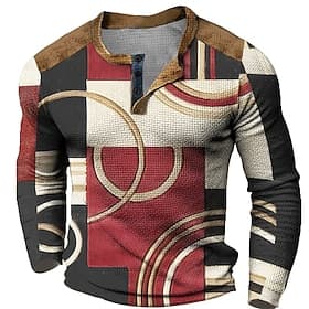 Men's Graphic Color Block Geometic Henley Shirt Waffle T Shirt Long Sleeve 3D Print Fashion Designer Casual Sports Outdoor Holiday Festival Spring Fall Blue