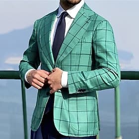 Men's Blazer Business Cocktail Party Wedding Party Fashion Casual Spring Fall Polyester Plaid Buttons Casual / Daily Single Breasted Blazer Green