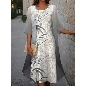 Women's Graduation Dress Midi Dress Two Piece Dress Set Wedding Guest Cocktail Dress Chiffon Outdoor Holiday Fashion Modern Print Casual Elegant Spring Crew N