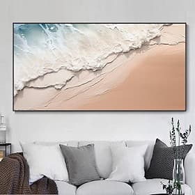 Pintado a mano minimalista pintura del océano sobre lienzo arte de la pared con textura 3d tono tierra olas del mar arte de la pared pintura de la sala decorac