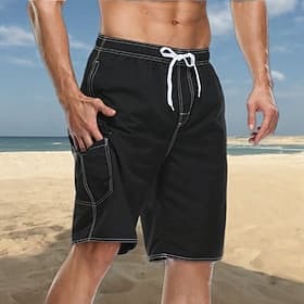 Men's Swim Trunks Board Shorts Going out Weekend Quick Dry Breathable Drawstring Elastic Waist with Pockets Plain Knee Length Gymnatics Casual Activewear Black