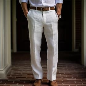 Men's Linen Pants Trousers Dress Pants Summer Pants Buttons Front Pocket Straight Leg Plain Comfort Breathable Casual Daily Holiday Fashion Basic Black White